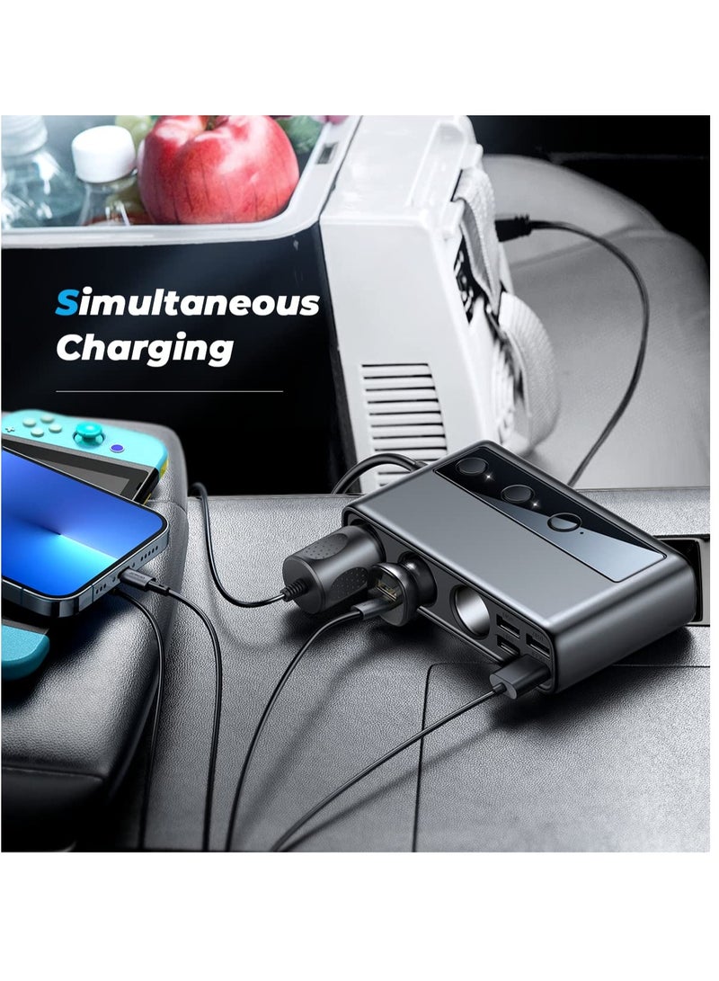 9 in 1 Car Charger Adapter, 3 Socket Cigarette Lighter Splitter with PD/QC 3.0 * 2 Charge(3.3FT Cable), Cast Charge, Independent Switches DC Cigarette Outlet Car Charger for All Car Devices