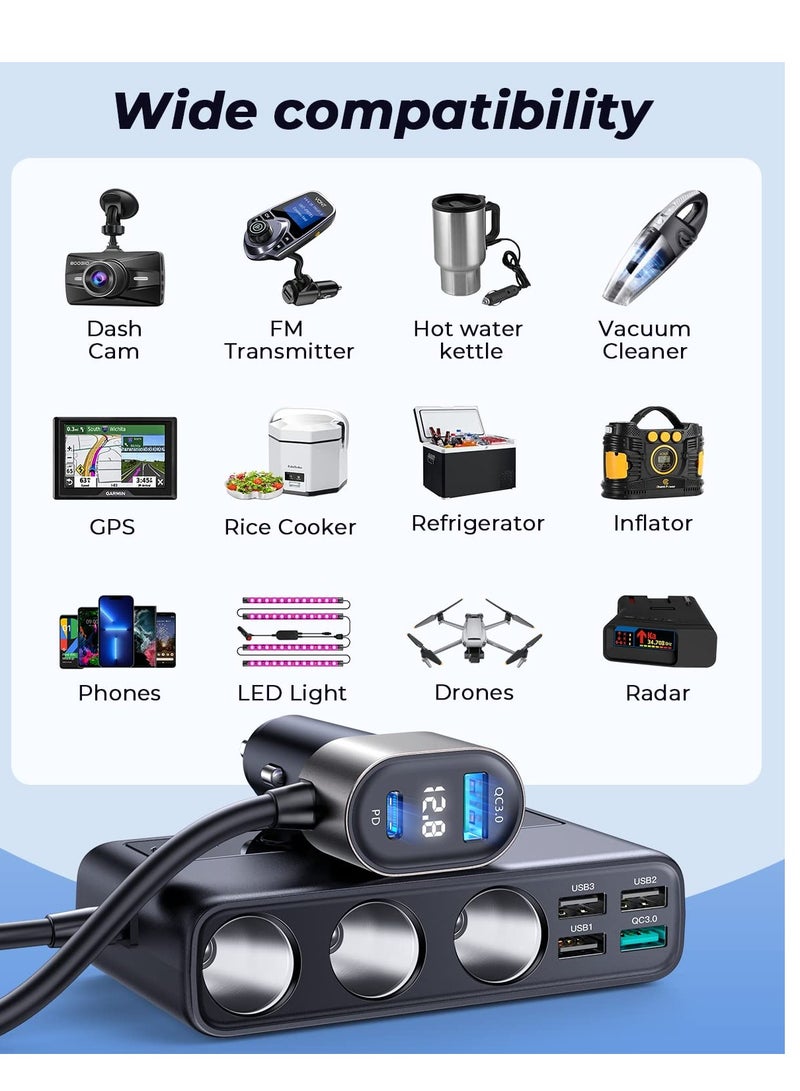 9 in 1 Car Charger Adapter, 3 Socket Cigarette Lighter Splitter with PD/QC 3.0 * 2 Charge(3.3FT Cable), Cast Charge, Independent Switches DC Cigarette Outlet Car Charger for All Car Devices