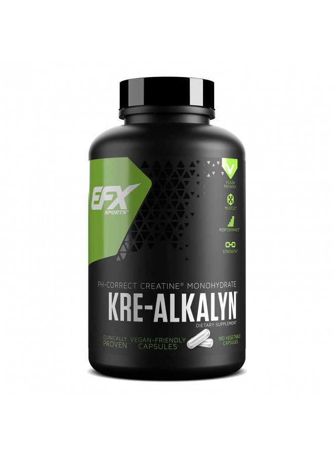 EFX Sports Kre-Alkalyn EFX | pH Correct Creatine Monohydrate Pill Supplement | Vegan Friendly | Strength & Muscle Growth | 90 servings, 180 Veggie Capsules