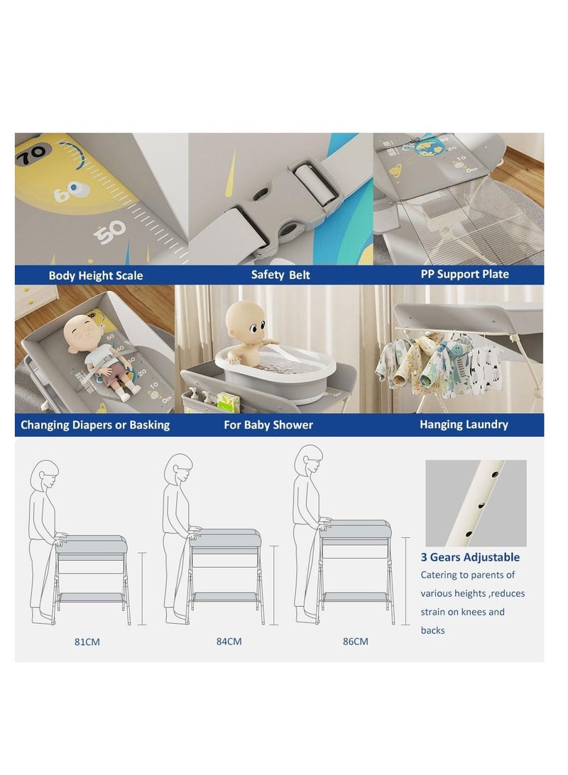 Foldable Baby Changing Table, Portable Changing Table with Safety Belt, Adjustable Height Diaper Changing Station with Nursery Organizer for Infants, Folding Mobile Newborns Dresser Table with Wheels