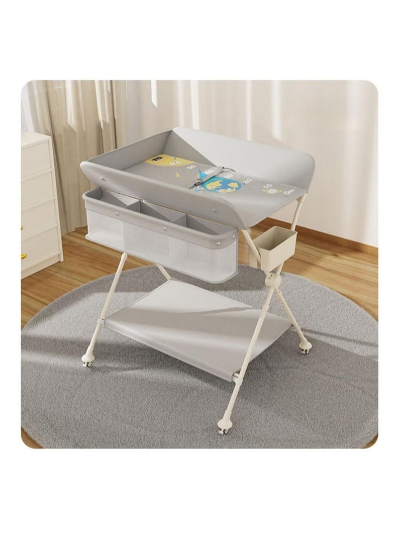 Foldable Baby Changing Table, Portable Changing Table with Safety Belt, Adjustable Height Diaper Changing Station with Nursery Organizer for Infants, Folding Mobile Newborns Dresser Table with Wheels