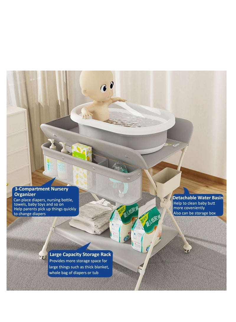 Foldable Baby Changing Table, Portable Changing Table with Safety Belt, Adjustable Height Diaper Changing Station with Nursery Organizer for Infants, Folding Mobile Newborns Dresser Table with Wheels