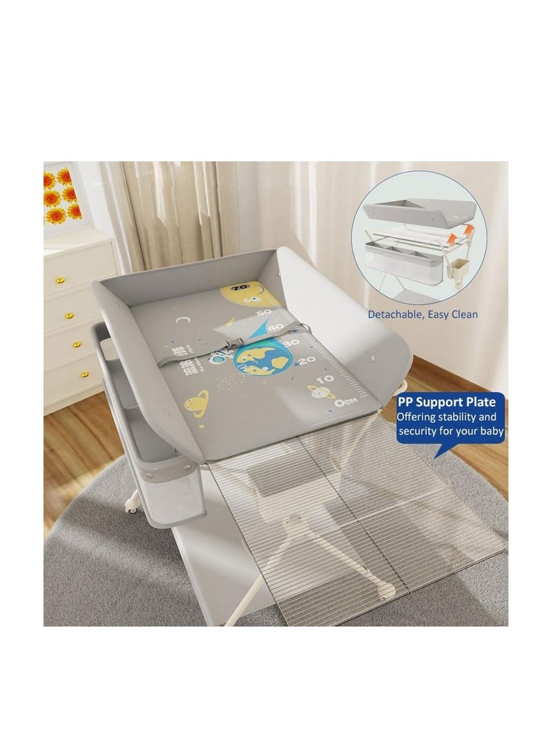 Foldable Baby Changing Table, Portable Changing Table with Safety Belt, Adjustable Height Diaper Changing Station with Nursery Organizer for Infants, Folding Mobile Newborns Dresser Table with Wheels