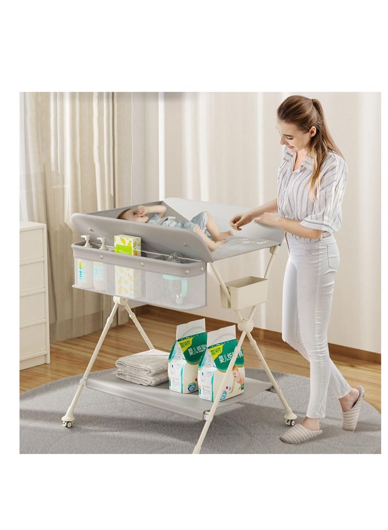 Foldable Baby Changing Table, Portable Changing Table with Safety Belt, Adjustable Height Diaper Changing Station with Nursery Organizer for Infants, Folding Mobile Newborns Dresser Table with Wheels