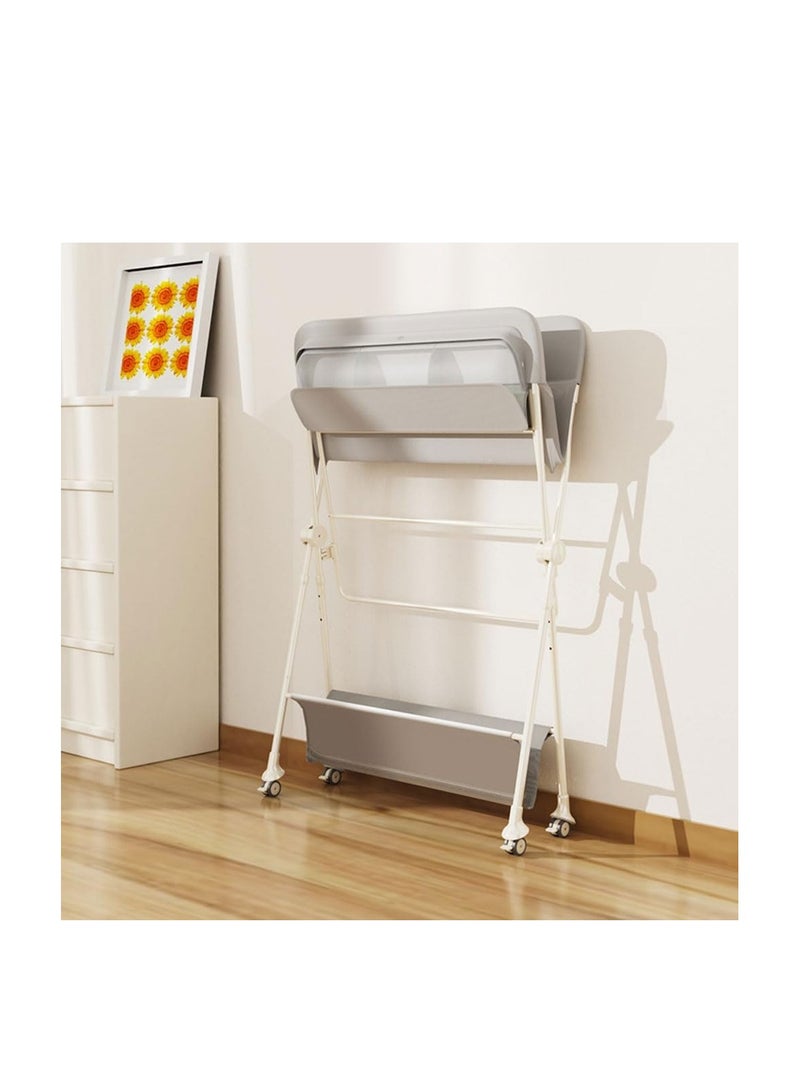 Foldable Baby Changing Table, Portable Changing Table with Safety Belt, Adjustable Height Diaper Changing Station with Nursery Organizer for Infants, Folding Mobile Newborns Dresser Table with Wheels