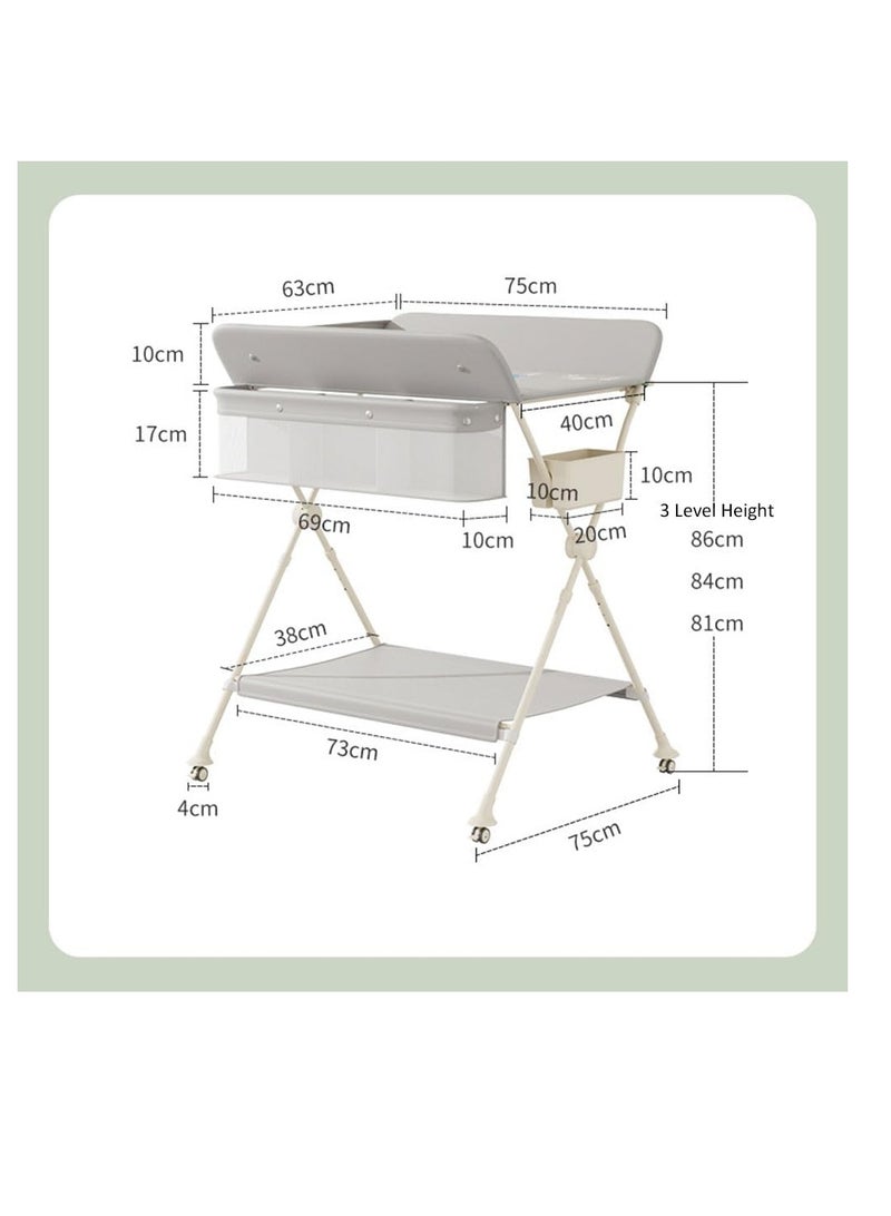 Foldable Baby Changing Table, Portable Changing Table with Safety Belt, Adjustable Height Diaper Changing Station with Nursery Organizer for Infants, Folding Mobile Newborns Dresser Table with Wheels