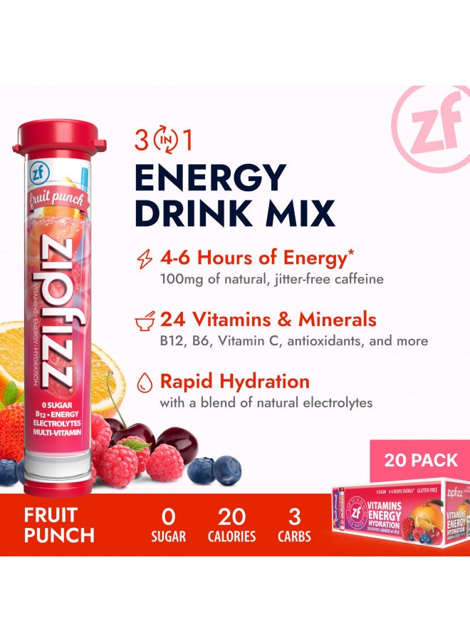 Zipfizz Energy Drink Mix, Electrolyte Hydration Powder with B12, Antioxidants, Electrolytes and Multi Vitamin, Fruit Punch (Pack of 20)