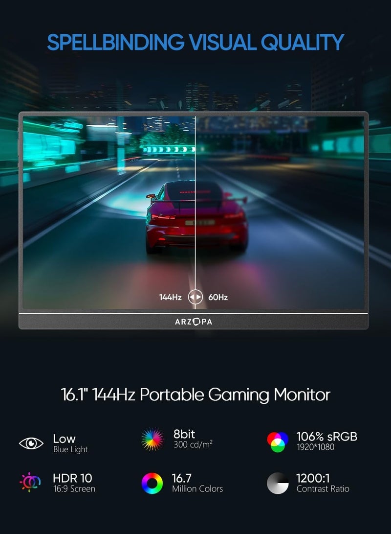 ARZOPA 16.1'' 144Hz Portable Gaming Monitor, 75% sRGB 1080P FHD Kickstand Portable Monitor with HDR, Ultra Slim, Eye Care, External Second Screen for Laptop, PC, PS5, Mac, Xbox, Switch-G1C