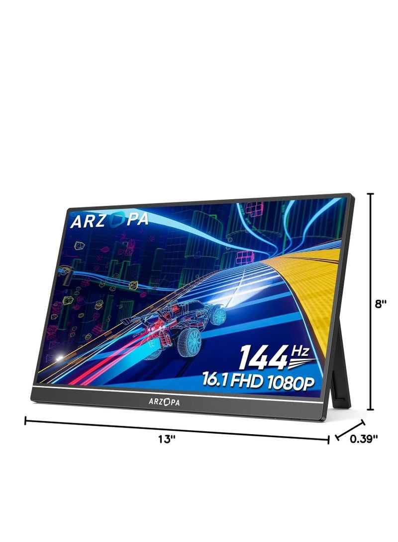 ARZOPA 16.1'' 144Hz Portable Gaming Monitor, 75% sRGB 1080P FHD Kickstand Portable Monitor with HDR, Ultra Slim, Eye Care, External Second Screen for Laptop, PC, PS5, Mac, Xbox, Switch-G1C