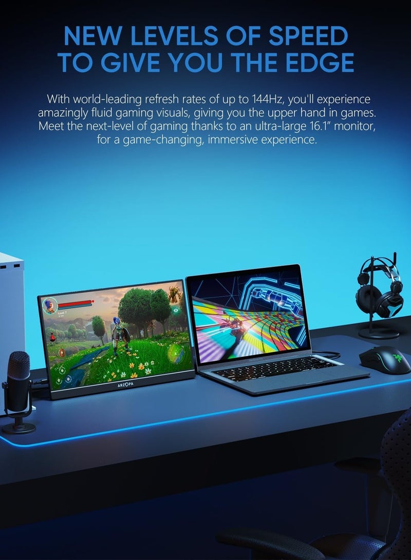 ARZOPA 16.1'' 144Hz Portable Gaming Monitor, 75% sRGB 1080P FHD Kickstand Portable Monitor with HDR, Ultra Slim, Eye Care, External Second Screen for Laptop, PC, PS5, Mac, Xbox, Switch-G1C