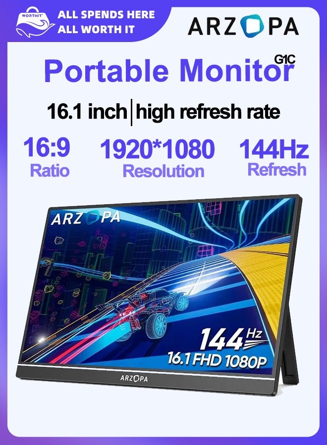 ARZOPA 16.1'' 144Hz Portable Gaming Monitor, 75% sRGB 1080P FHD Kickstand Portable Monitor with HDR, Ultra Slim, Eye Care, External Second Screen for Laptop, PC, PS5, Mac, Xbox, Switch-G1C