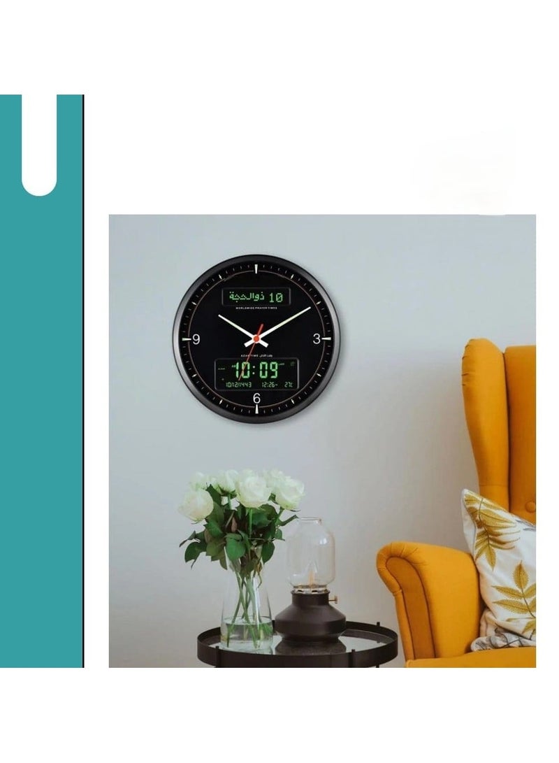 Muslim Wall Prayer Clock with Azan Alarm  With Hijri Calendar HD Display  Multi-Azan Sound Options And 6 Time Worship Reminders.