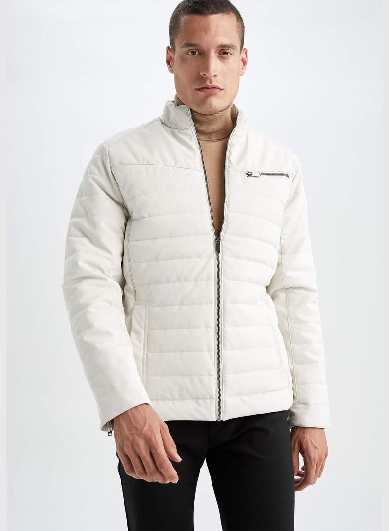 Man Slim Fit Crew Neck PU Jacket