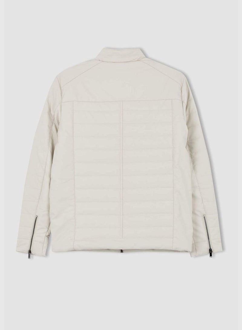 Man Slim Fit Crew Neck PU Jacket