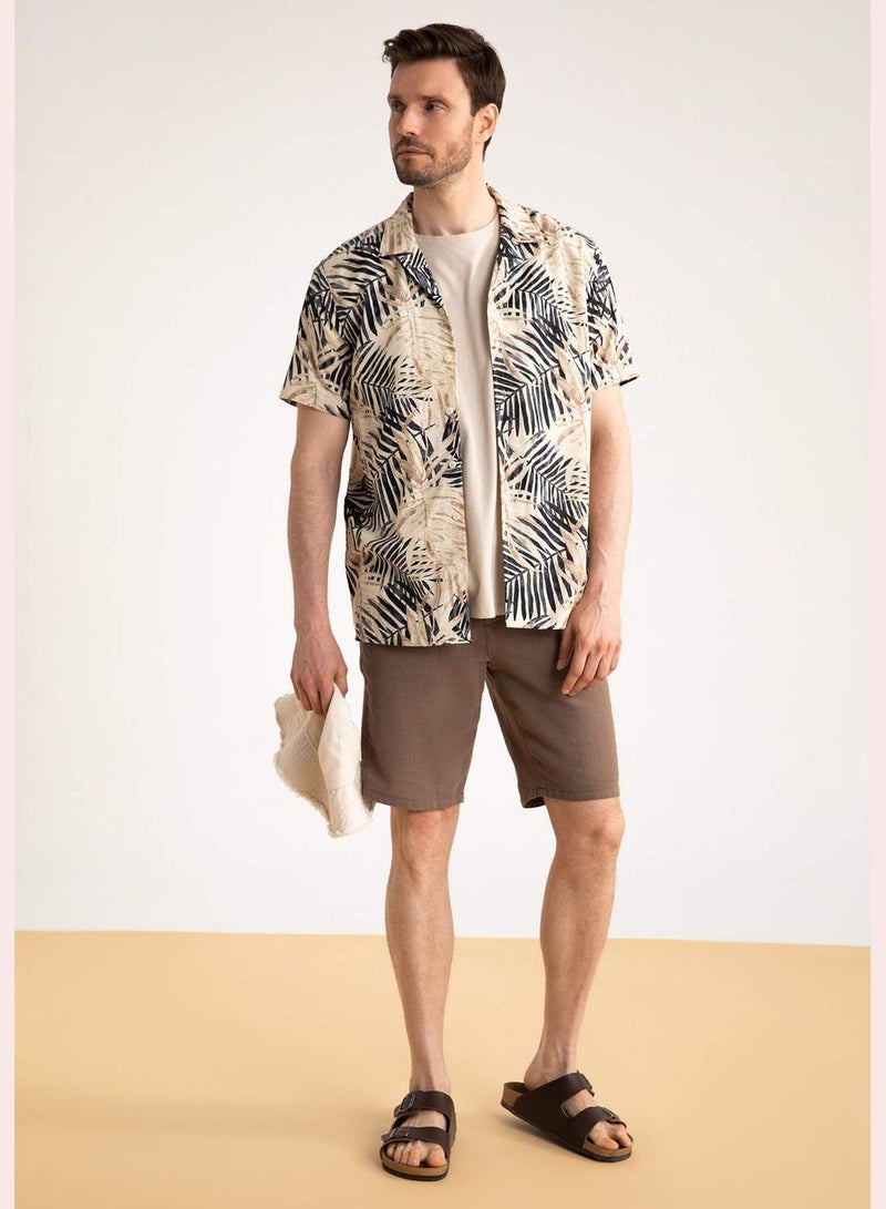 Man Regular Fit Apache Neck Woven Short Sleeve Shirt