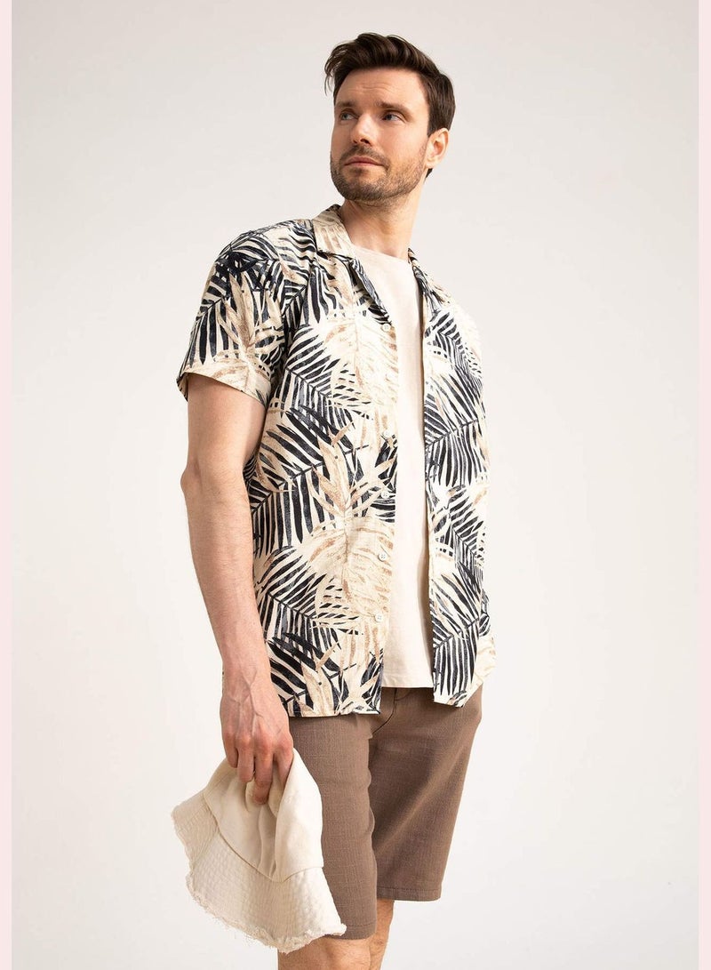 Man Regular Fit Apache Neck Woven Short Sleeve Shirt