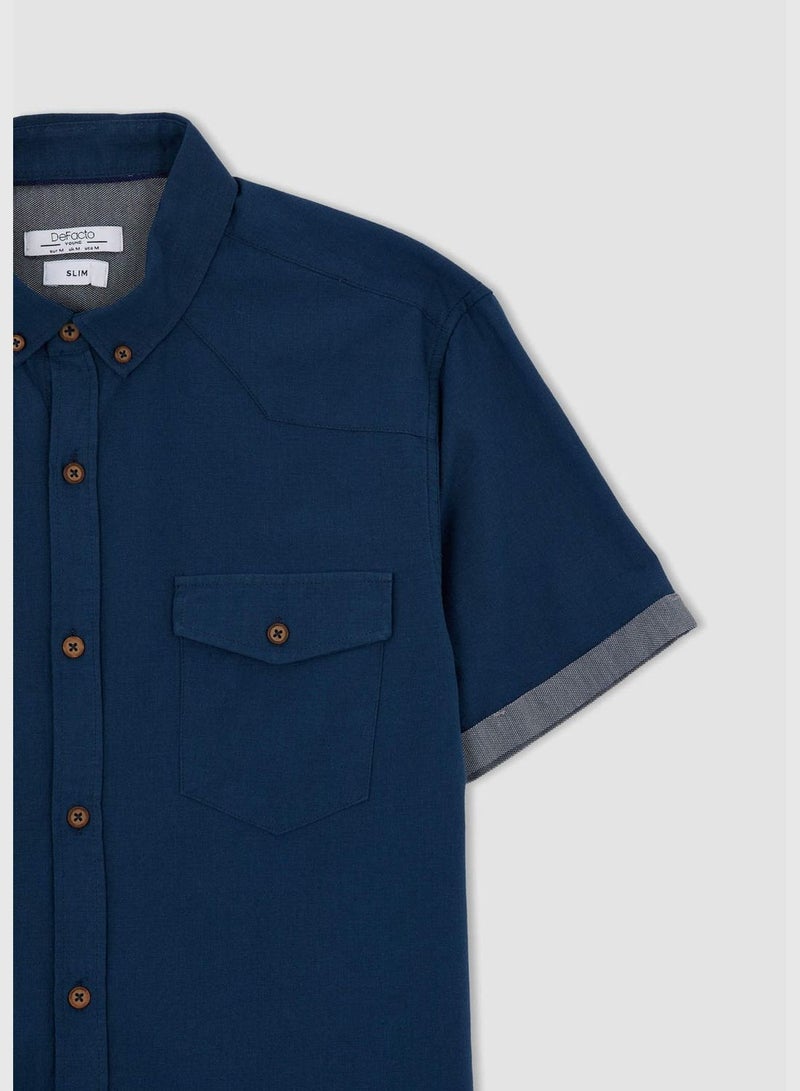 Man Slim Fit Polo Neck Woven Short Sleeve Shirt