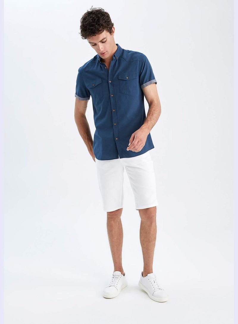 Man Slim Fit Polo Neck Woven Short Sleeve Shirt