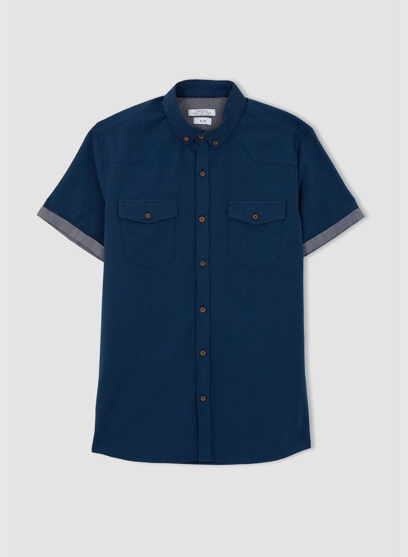 Man Slim Fit Polo Neck Woven Short Sleeve Shirt