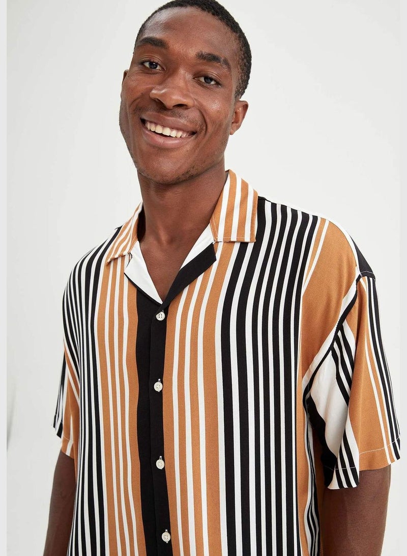 Slim Fit Short Sleeve Striped Viscose Shirt