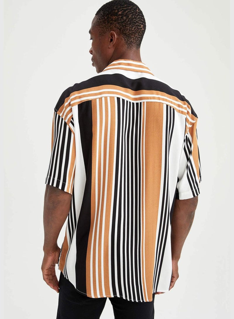 Slim Fit Short Sleeve Striped Viscose Shirt