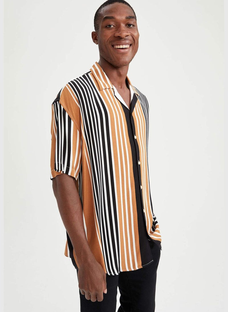 Slim Fit Short Sleeve Striped Viscose Shirt