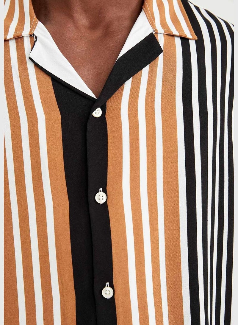 Slim Fit Short Sleeve Striped Viscose Shirt