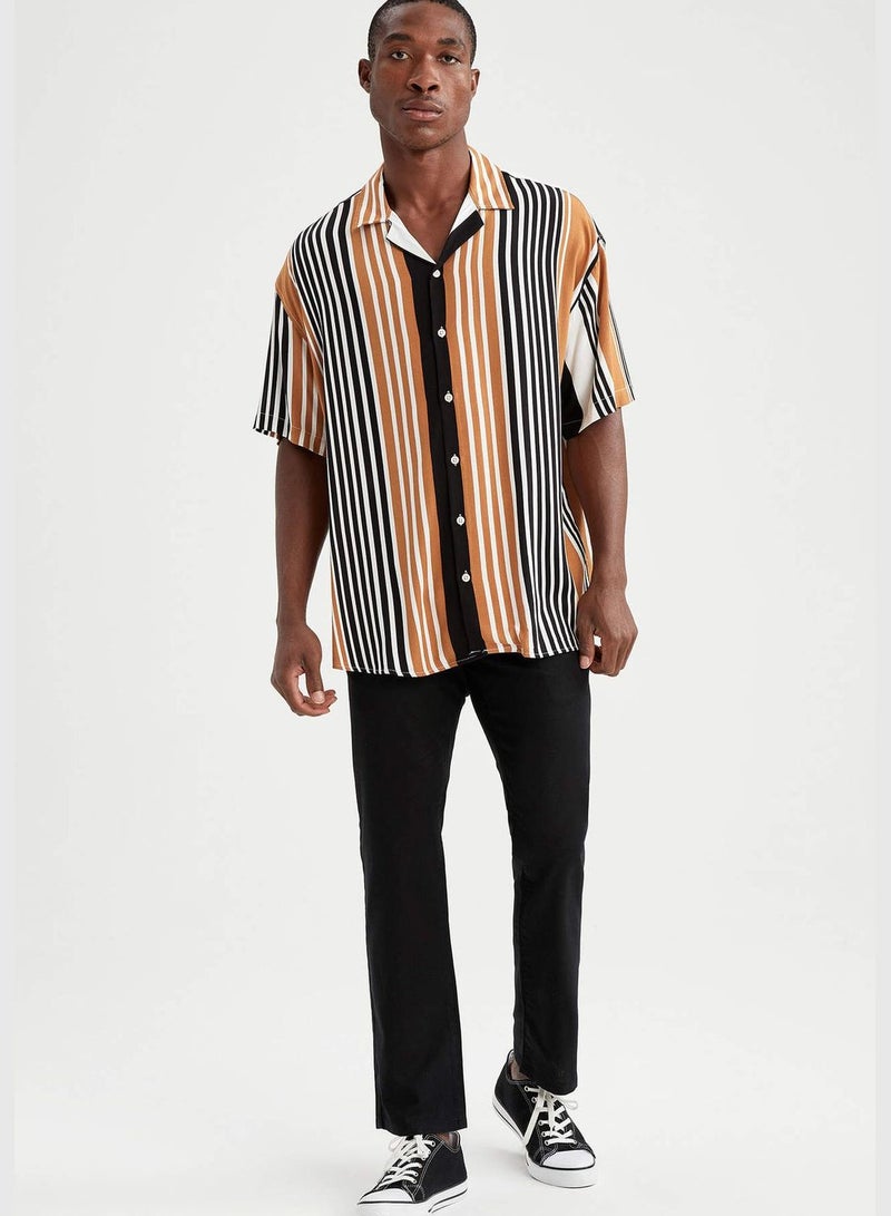 Slim Fit Short Sleeve Striped Viscose Shirt