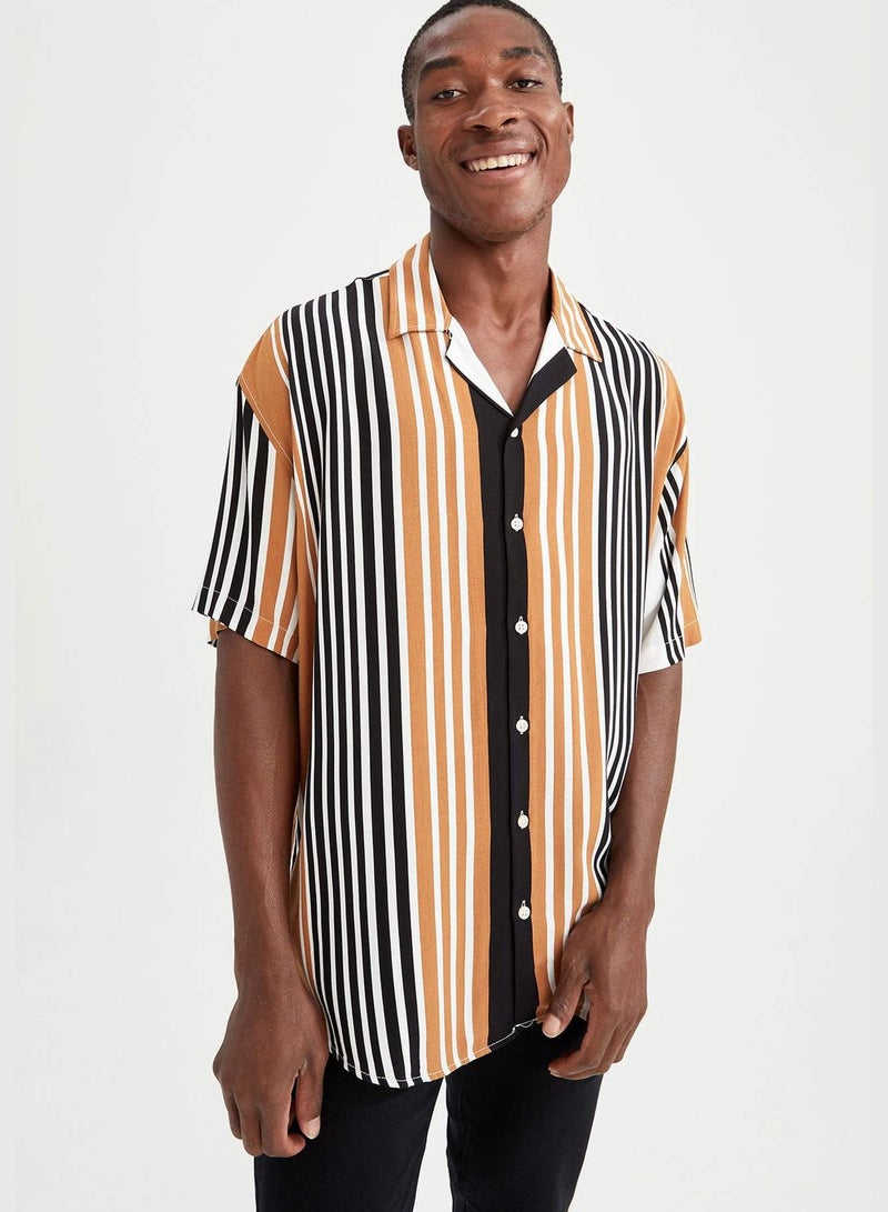 Slim Fit Short Sleeve Striped Viscose Shirt