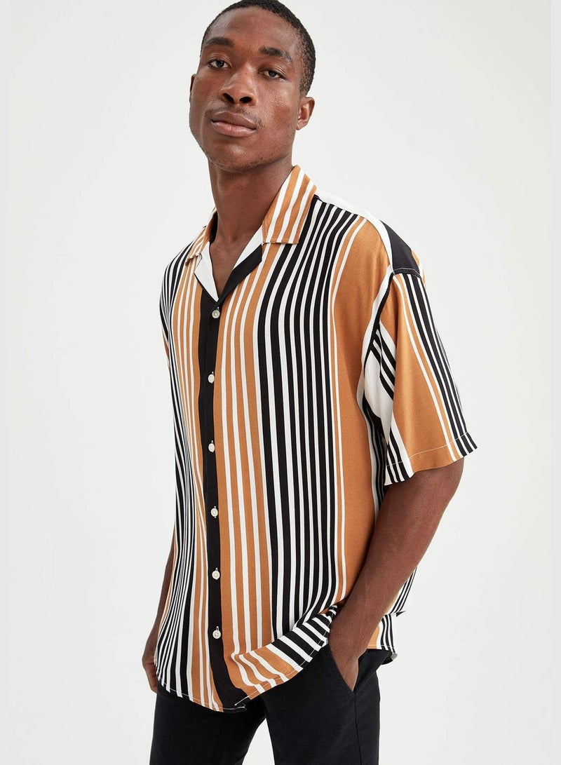 Slim Fit Short Sleeve Striped Viscose Shirt