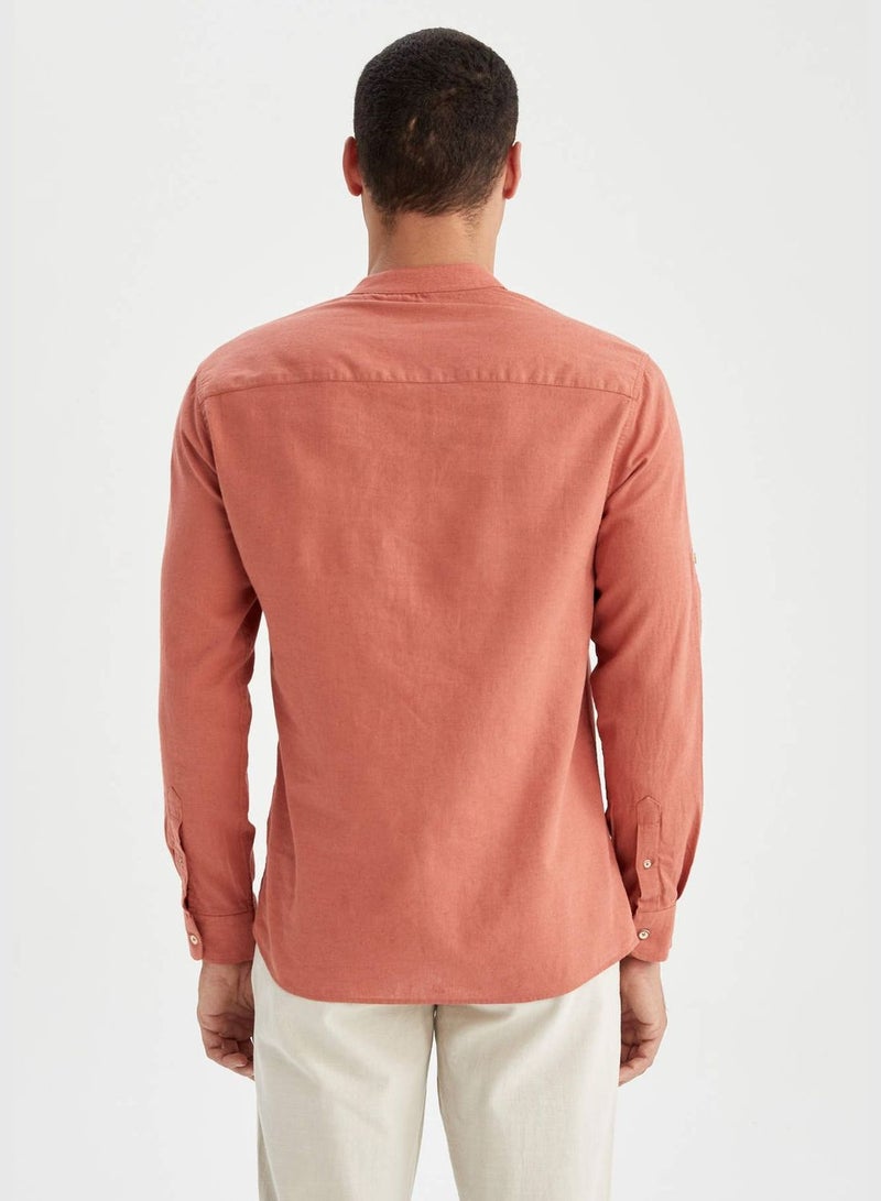 Slim Fit Long Sleeve Judge Collar Linen Shirt