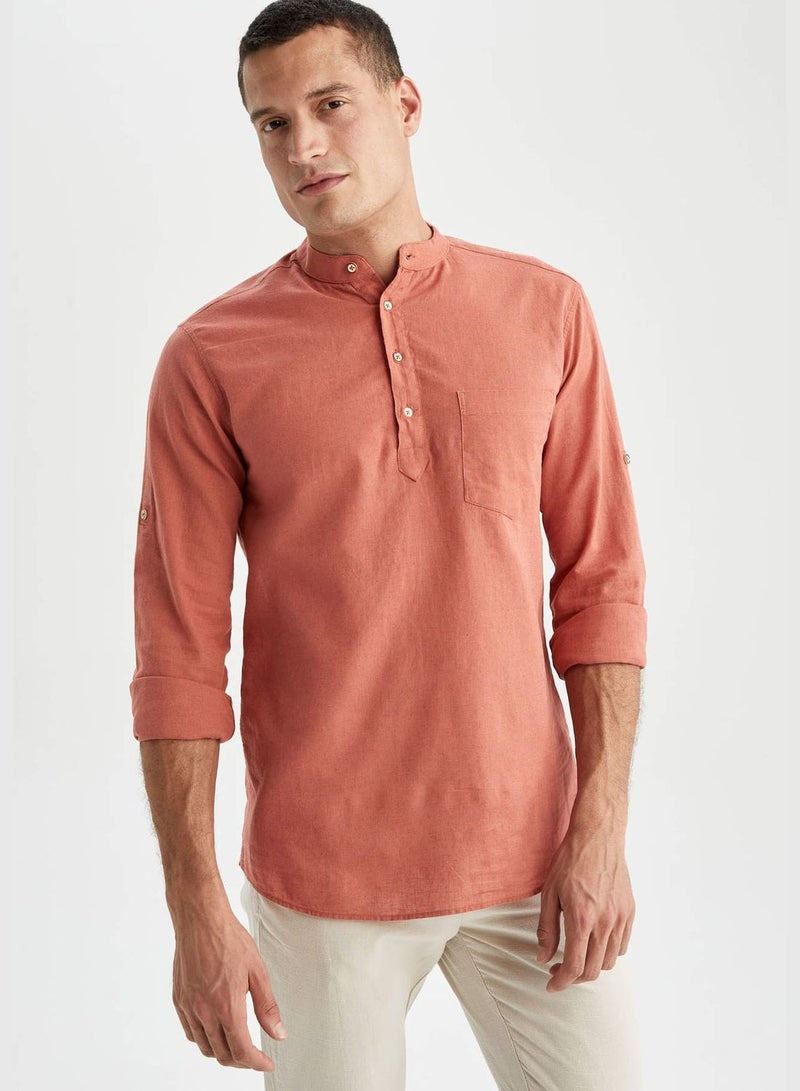 Slim Fit Long Sleeve Judge Collar Linen Shirt