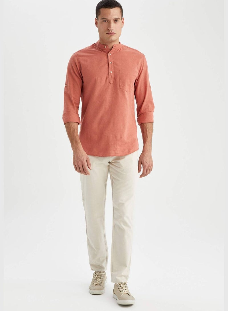 Slim Fit Long Sleeve Judge Collar Linen Shirt