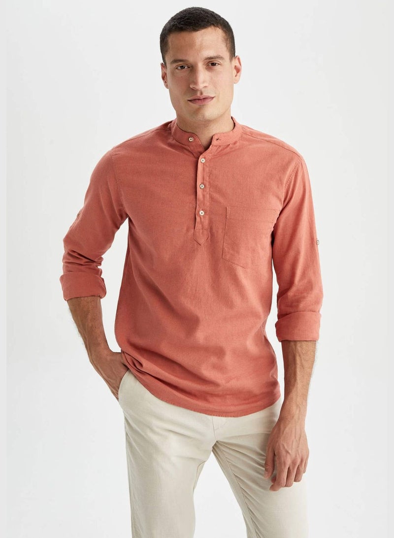 Slim Fit Long Sleeve Judge Collar Linen Shirt