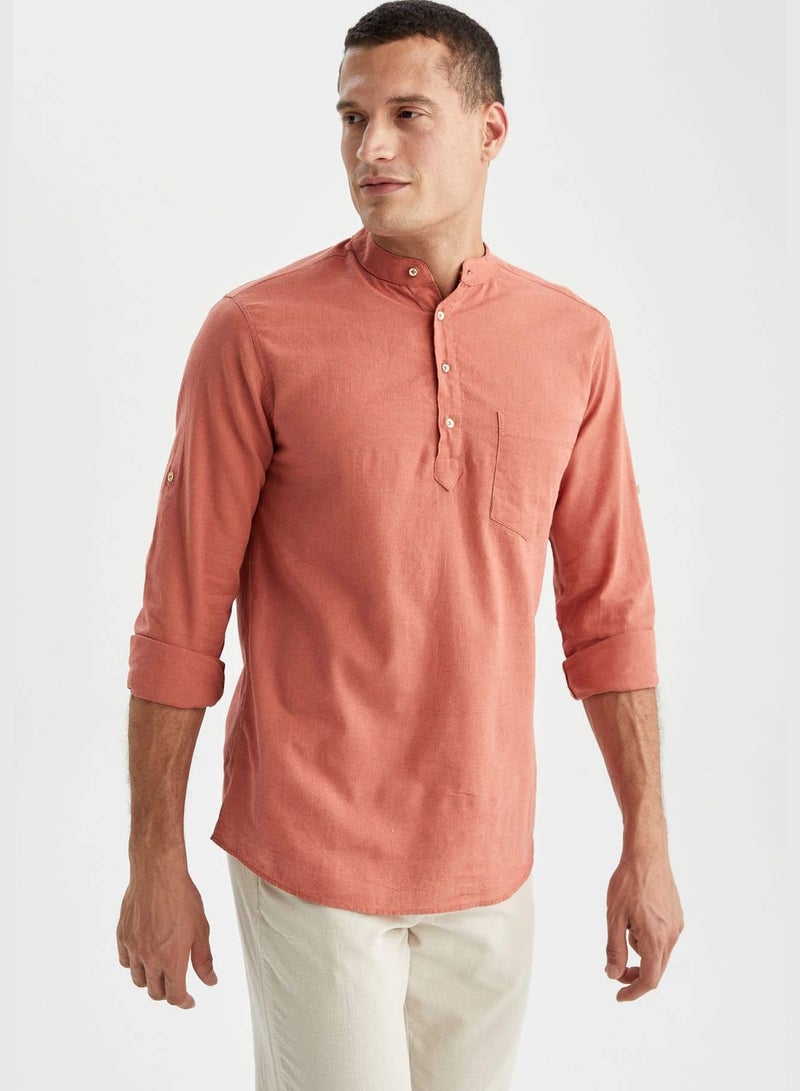 Slim Fit Long Sleeve Judge Collar Linen Shirt