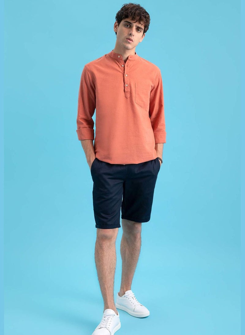 Slim Fit Long Sleeve Judge Collar Linen Shirt