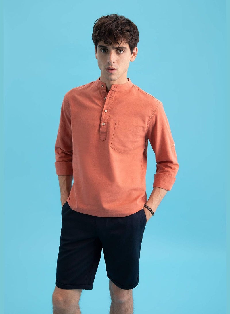 Slim Fit Long Sleeve Judge Collar Linen Shirt