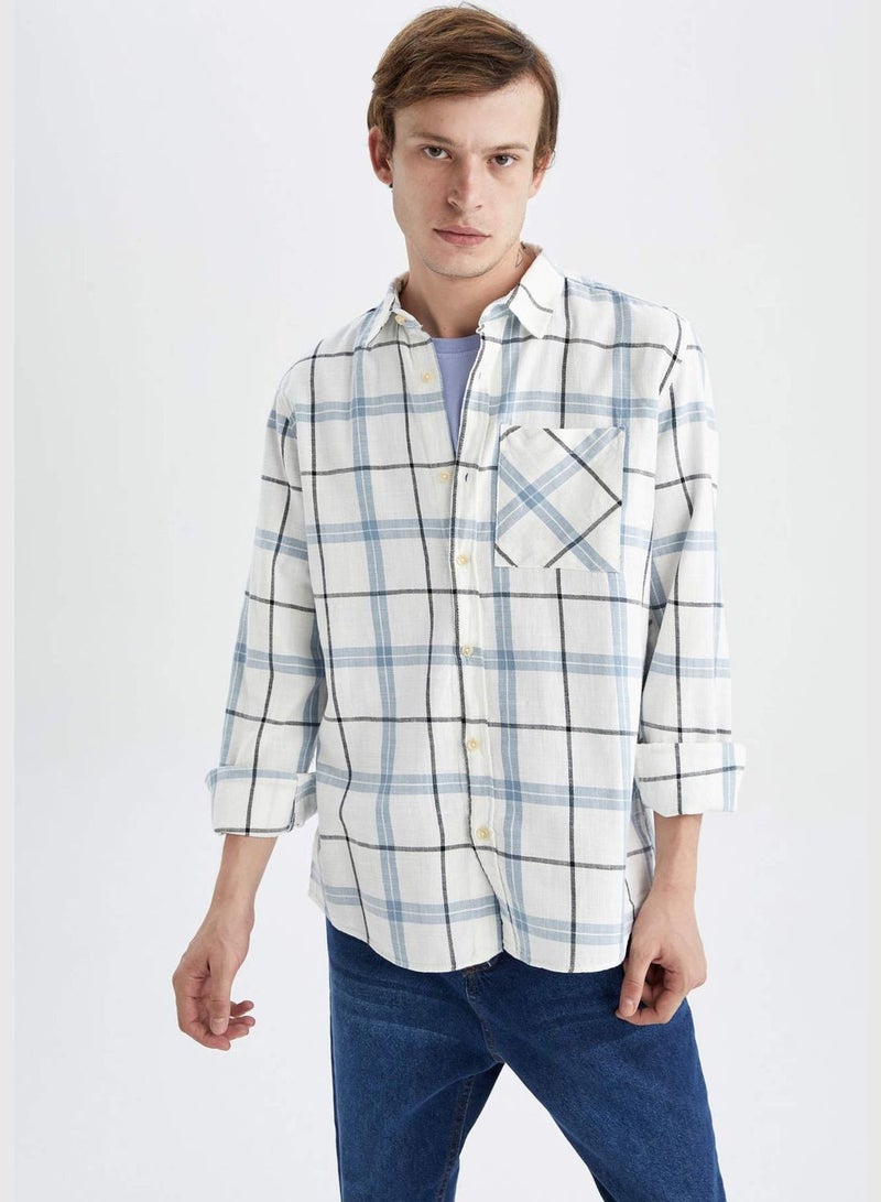 Man Regular Fit Polo Neck Woven Top Long Sleeve Shirt