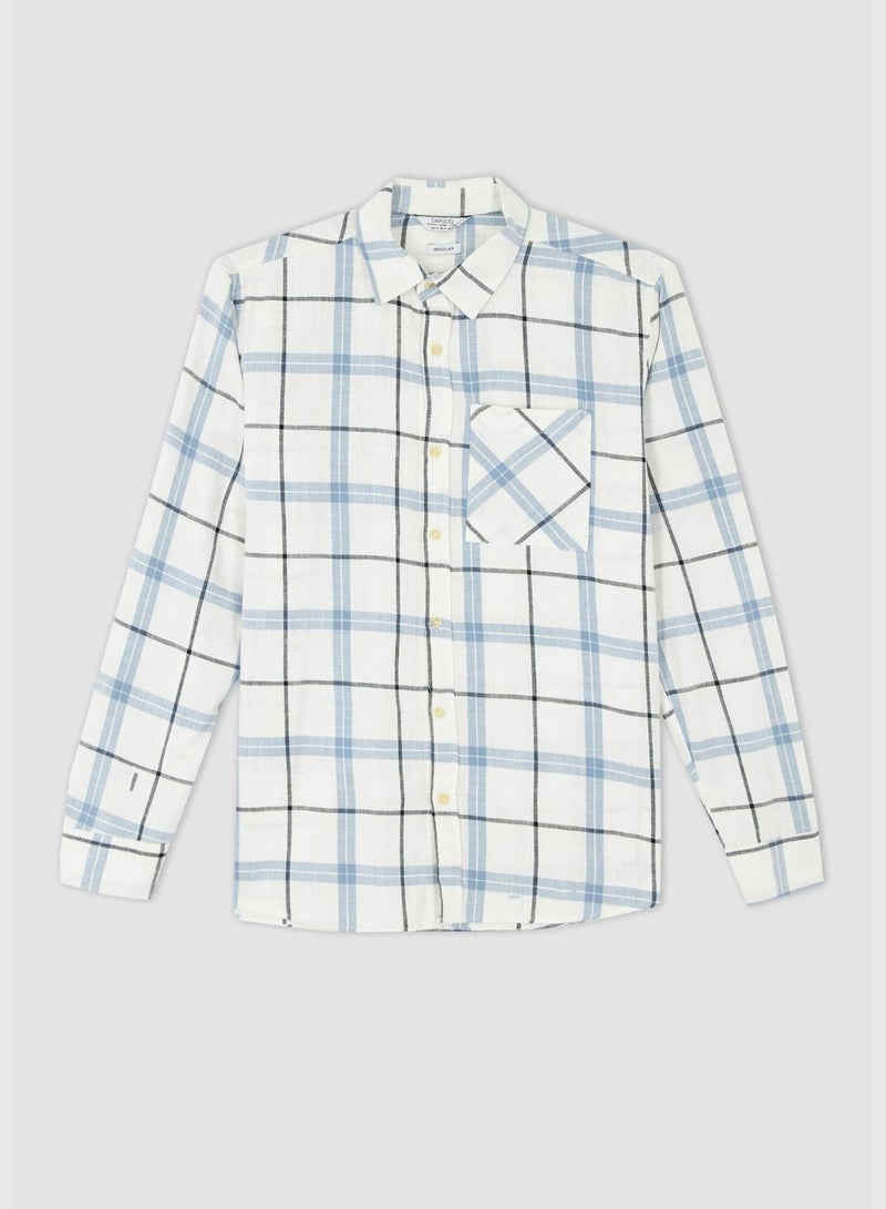 Man Regular Fit Polo Neck Woven Top Long Sleeve Shirt