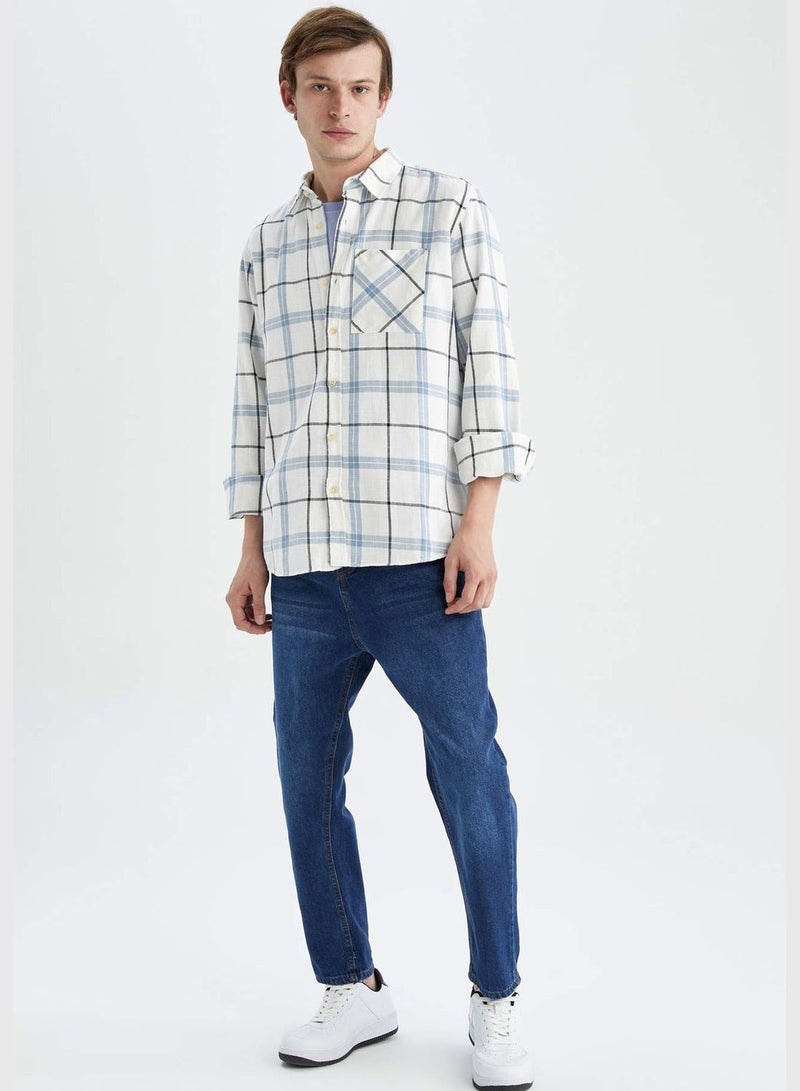 Man Regular Fit Polo Neck Woven Top Long Sleeve Shirt