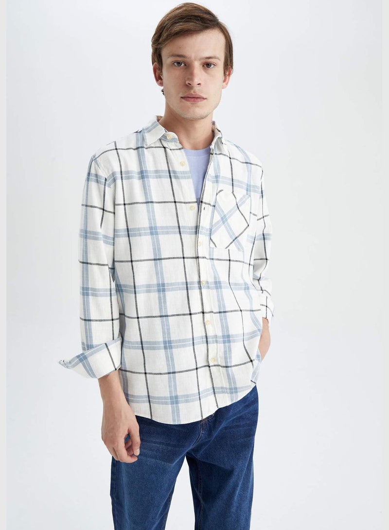 Man Regular Fit Polo Neck Woven Top Long Sleeve Shirt