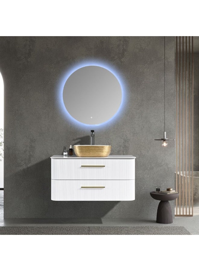 Milano Luxury And Modular Mariz Vanity Round Led Mirror Touch Switch With 2 Large Storage Drawer And Wash Basin 1000X520Mm (3Ctns/Set)