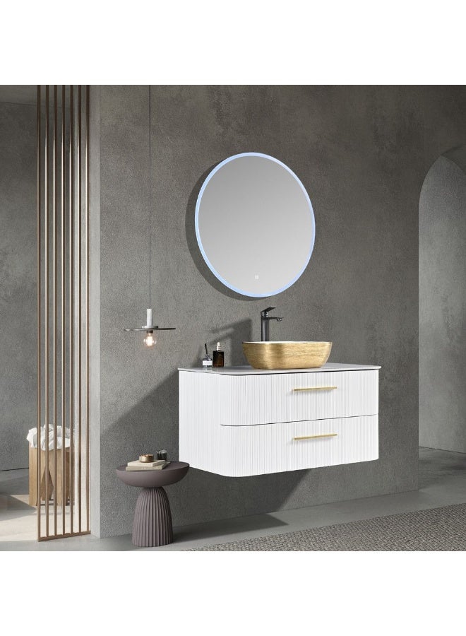 Milano Luxury And Modular Mariz Vanity Round Led Mirror Touch Switch With 2 Large Storage Drawer And Wash Basin 1000X520Mm (3Ctns/Set)