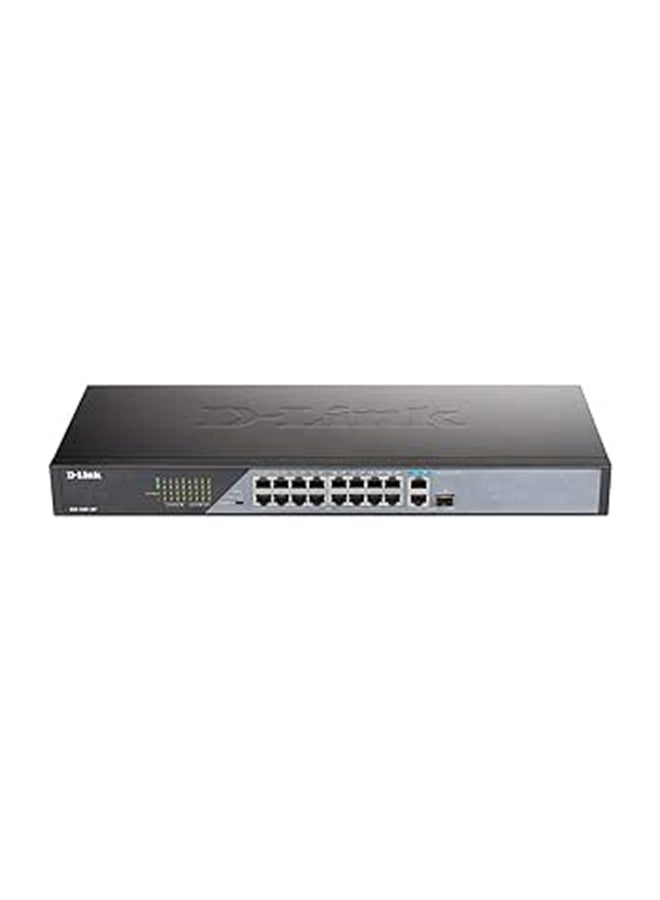 DSS-100E-18P 18-Port Fast Ethernet PoE Unmanaged Surveillance Switch, supports up to 250 metres long range PoE, 16 x PoE ports, 230 W PoE budget, 2 x Gigabit uplink, 6kV surge protection Black