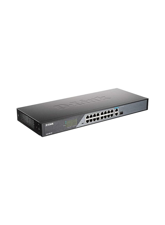 DSS-100E-18P 18-Port Fast Ethernet PoE Unmanaged Surveillance Switch, supports up to 250 metres long range PoE, 16 x PoE ports, 230 W PoE budget, 2 x Gigabit uplink, 6kV surge protection Black