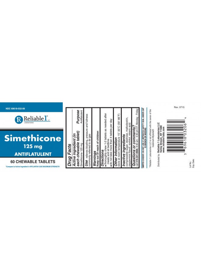 Reliable 1 Simethicone 125 mg Anti-Gas 60 Peppermint Tablets (1 Bottle)