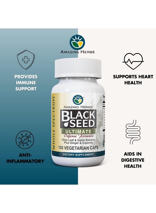 Amazing Herbs Whole Spectrum Black Seed Ultimate, Vegetarian Capsules - Olive Leaf & Garlic Extracts Plus Ginger & Cayenne, Gluten Free, Non GMO, Vegan - 100 Count