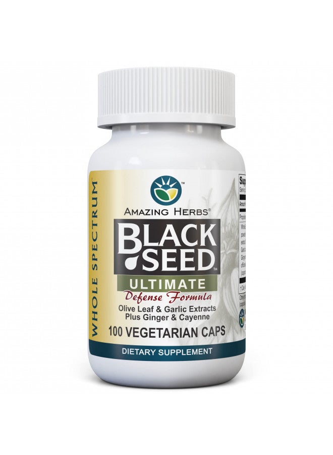 Amazing Herbs Whole Spectrum Black Seed Ultimate, Vegetarian Capsules - Olive Leaf & Garlic Extracts Plus Ginger & Cayenne, Gluten Free, Non GMO, Vegan - 100 Count