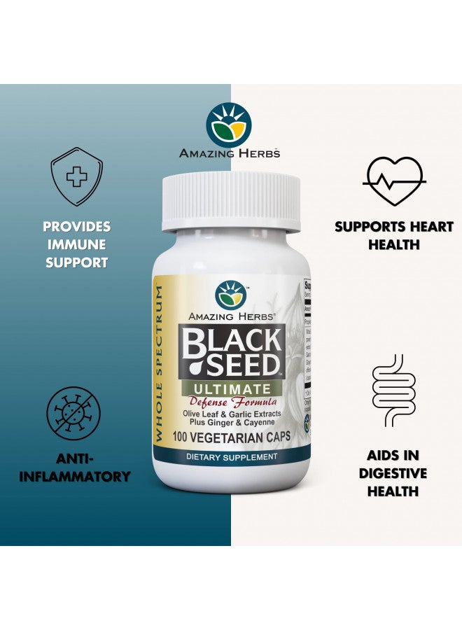 Amazing Herbs Whole Spectrum Black Seed Ultimate, Vegetarian Capsules - Olive Leaf & Garlic Extracts Plus Ginger & Cayenne, Gluten Free, Non GMO, Vegan - 100 Count