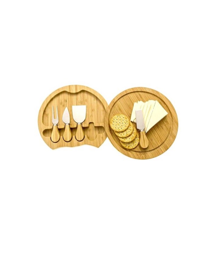 Round Oak Cheese Board and Knife Set，Charcuterie Board Set with 4 Knives，Cheese Board Set with Slide-Out Drawer，